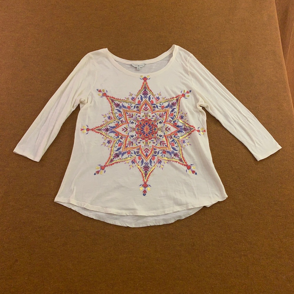 Lucky Lotus Womens Large Cream Mandala Graphic Gold Foil Long Sleeve Top